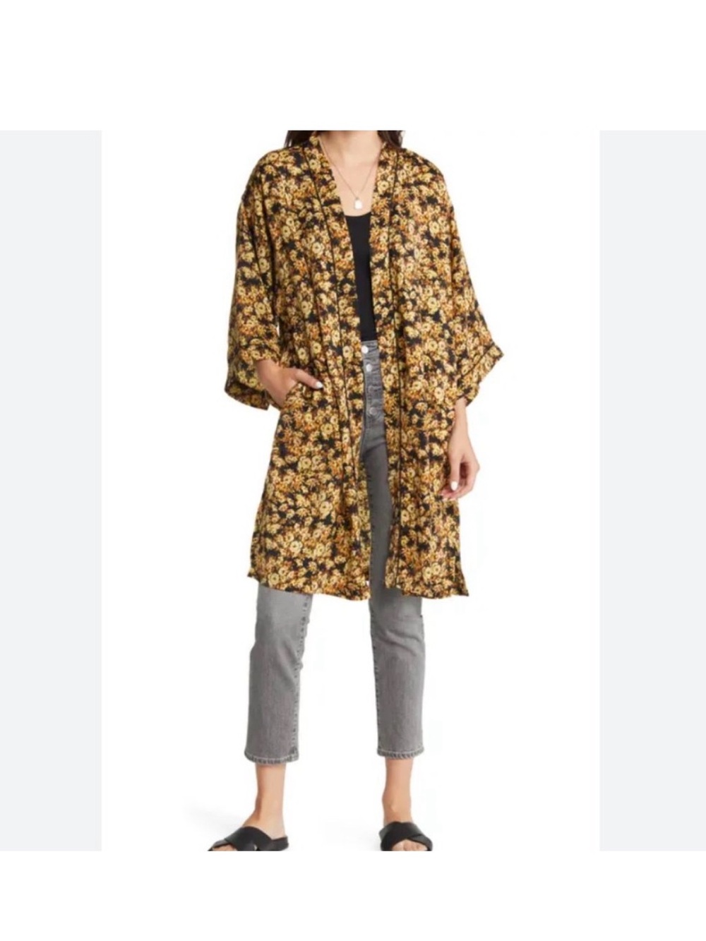 Treasure & Bond Black and Mustard Floral Kimono Duster